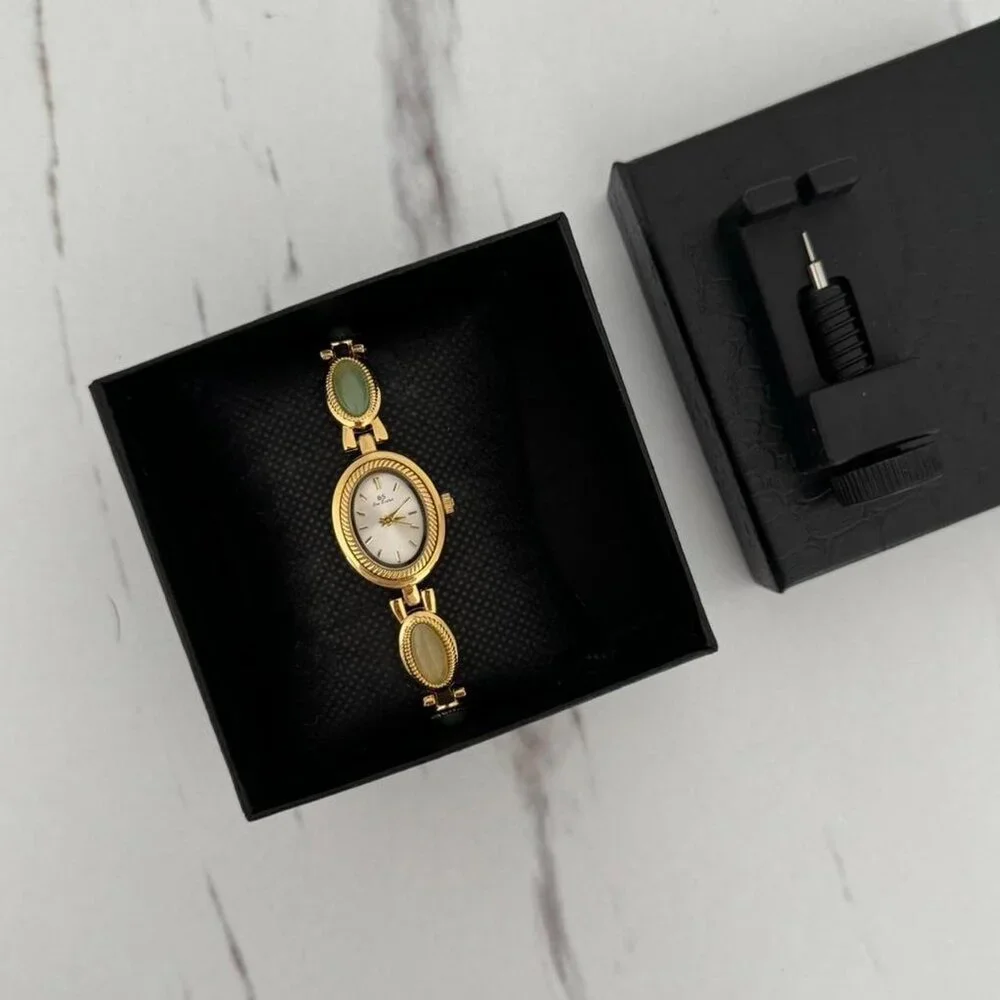 Sku0283 Retro‎ Gold Green Gemstones Women Fashion Watch Bracelet + gift bag